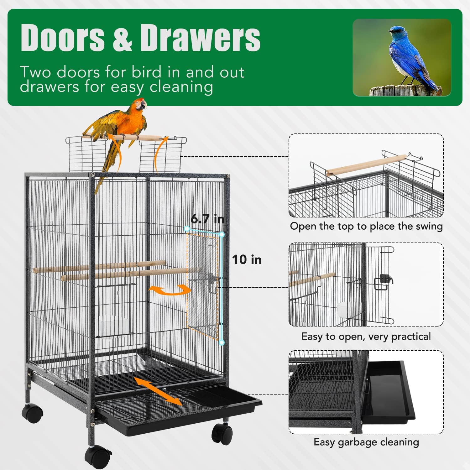 CL.HPAHKL 35 inch Height Bird Cage with Perches， Large Metal Rolling Bird Cages for Parakeets with Stand Heavy Duty Parrot Cage for Parrots Conure Lovebird Cockatiel