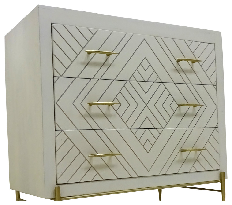 Perez 3 Drawer Solid Wood Chest in Ivory Finish on Brass Finished Iron Base   Midcentury   Accent Chests And Cabinets   by Moti  Houzz