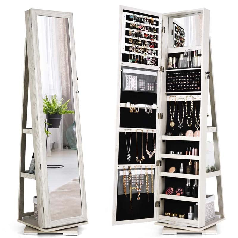 360 Rotating Jewelry Armoire with Higher Full Length Mirror, 3-in-1 Freestanding Lockable Jewelry Cabinet Organizer