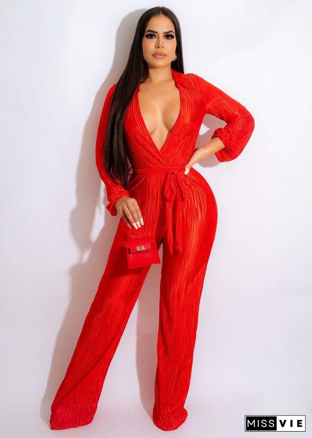 Casual Pleated High Elastic Belt Lapel Jumpsuit