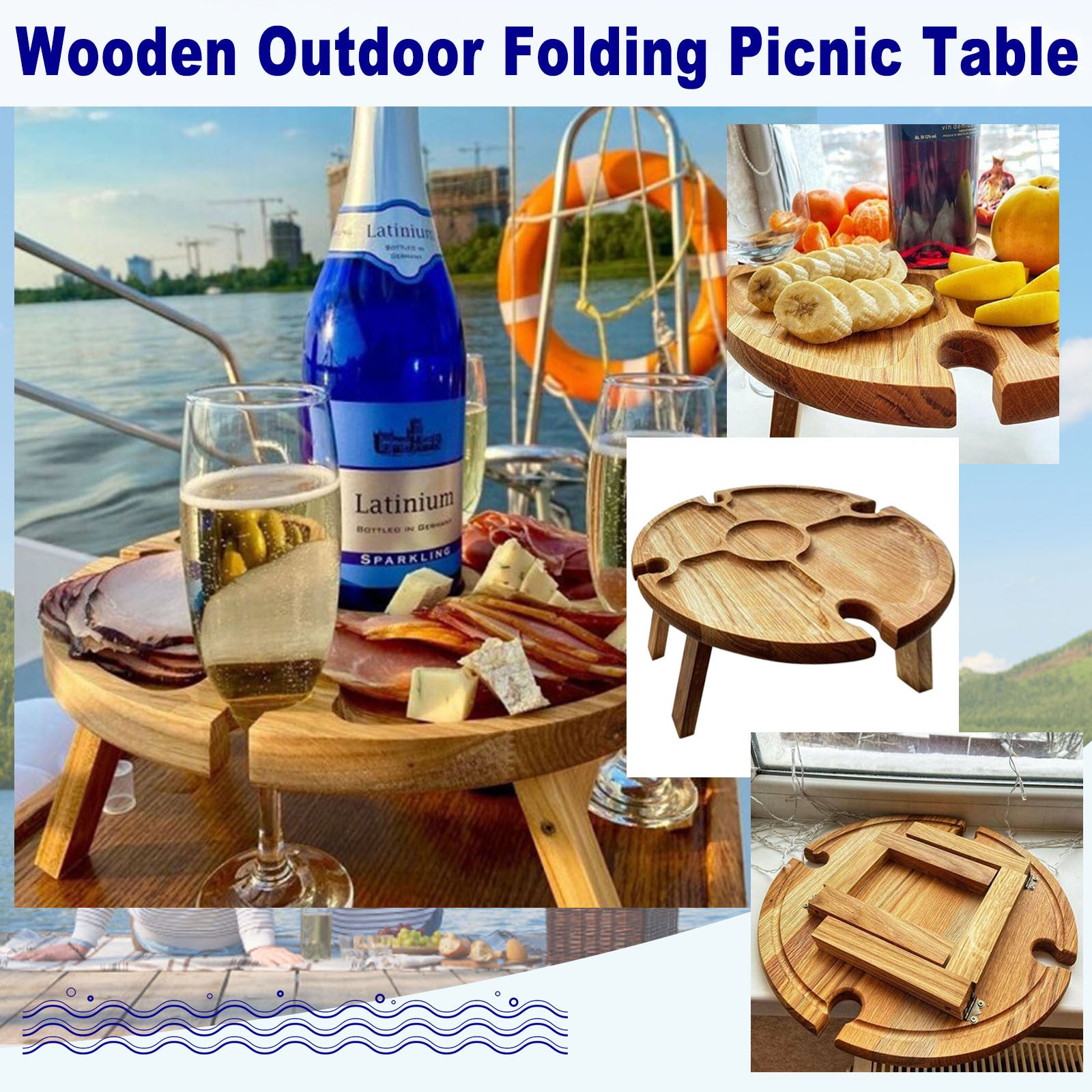 Home Textile Outdoor Portable Solid Wood Wooden Picnic Wine Table With Retractable Legs