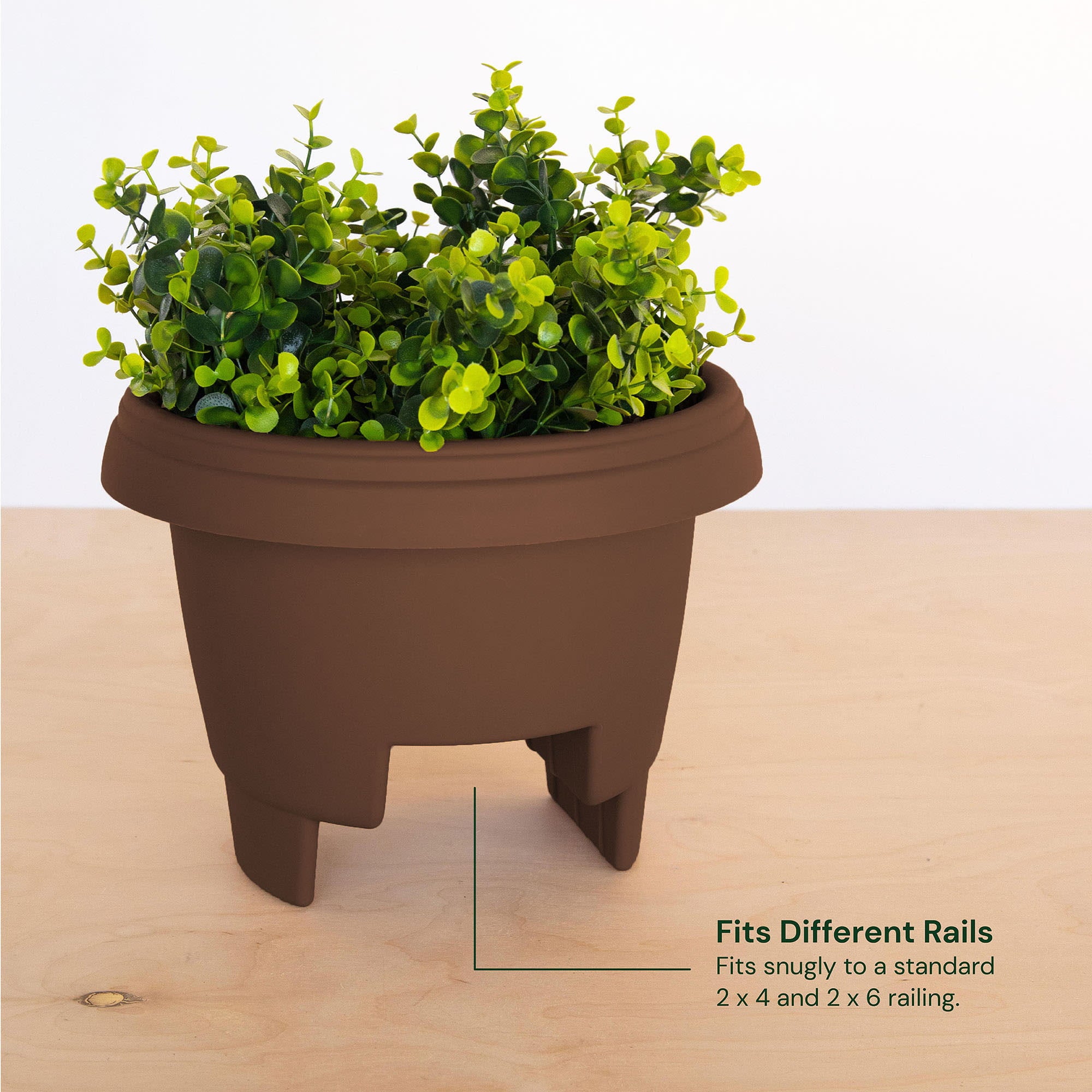 Bloem Modica Deck Rail Round Planter: 12" - Chocolate - Matte Finish, Fits Rail Sizes 3"-3.75", Durable Resin Pot, For Indoor and Outdoor Use, Gardening, 2 Gallon Capacity