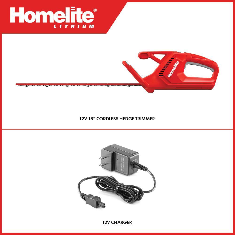 Homelite 12V Lithium 18 in. Cordless Hedge Trimmer with Internal 2.5 Ah Battery and Charger HOMHT20