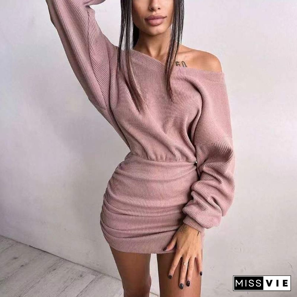 Elegant Casual V-neck A-Line Party Dress Autumn Solid Long Sleeve Knitted Dress Women Waist Pleated Bodycon Simple Mini Dresses