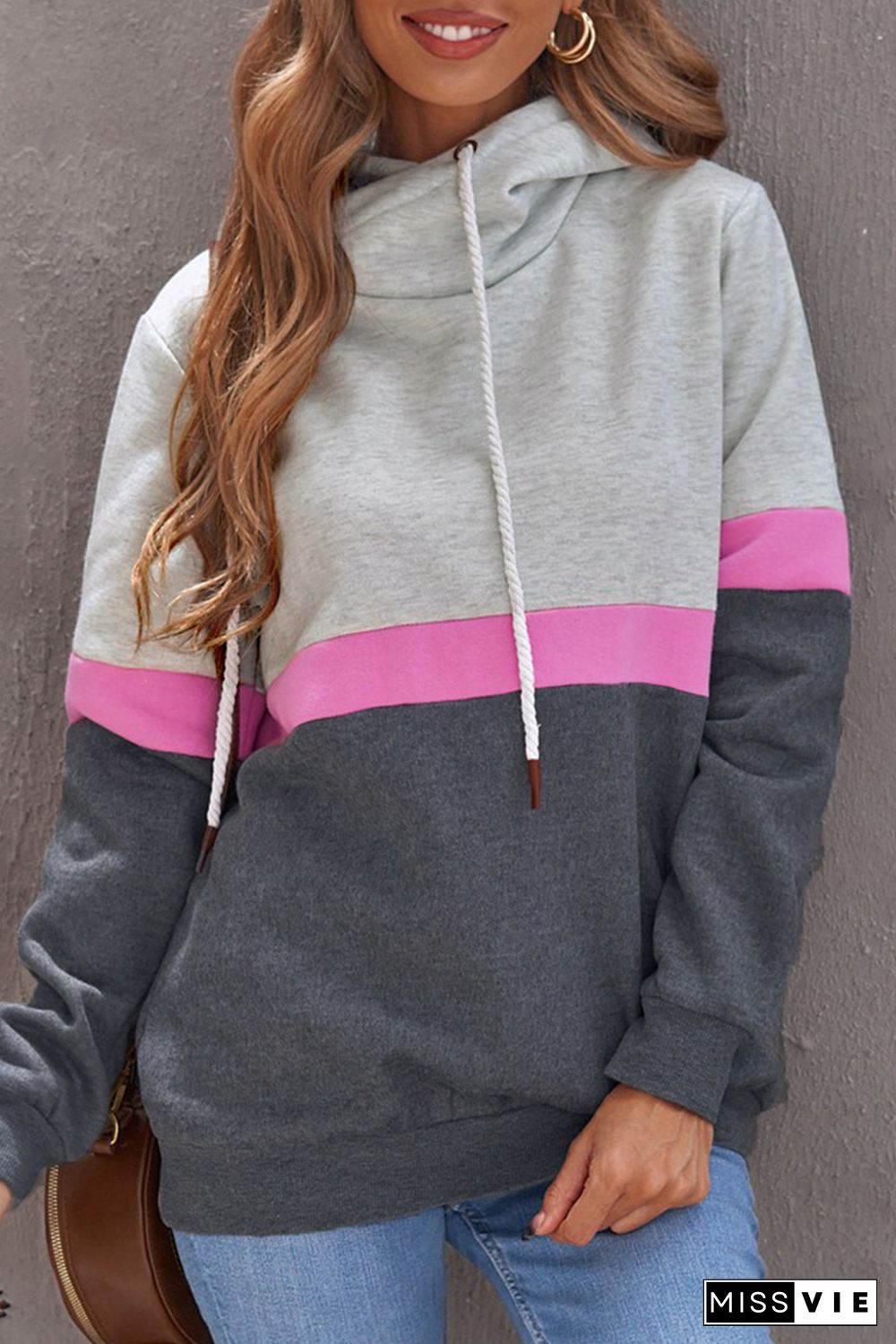 Gray Drawstring Cowl Neck Colorblock Hoodie