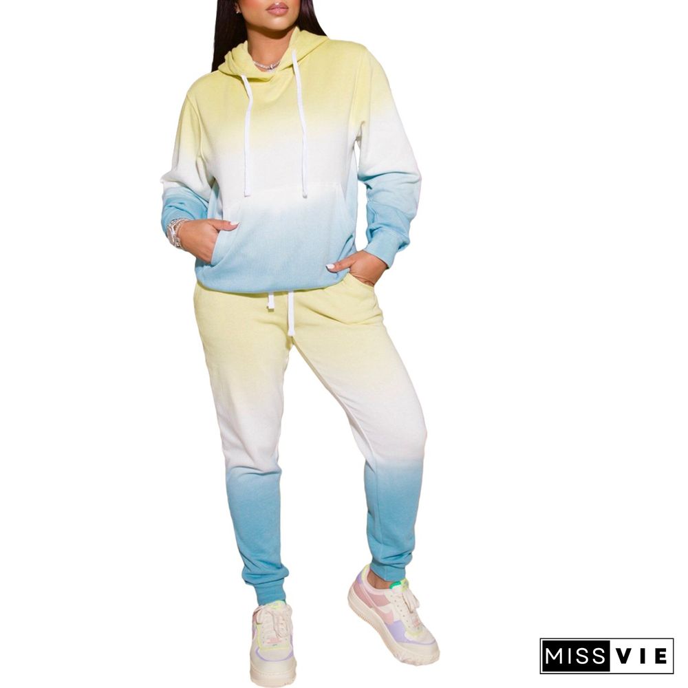 Gradient Printing Hooded Sweatshirt Pants Set