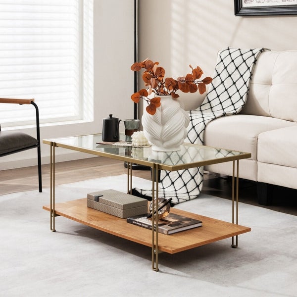 2 Tiers Rectangle Glass Coffee Table with White and Gold Steel Frame-Golden - 39.5