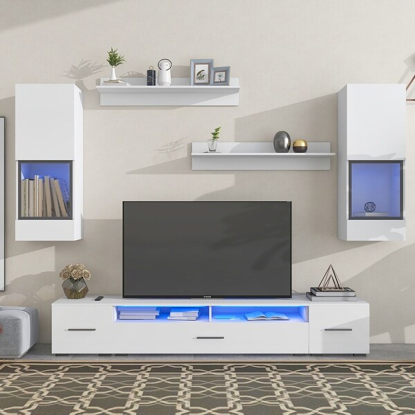 8-Piece High Gloss Extended Floating TV Stand Set RGB LED Wall Mounted Display Units Entertainment Center