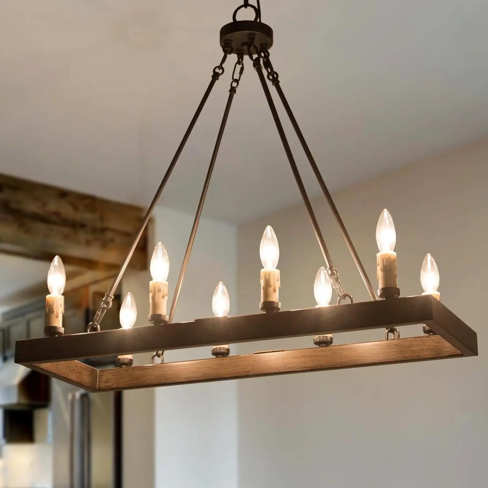 Modern Farmhouse 8-Light Wood Grain Chandelier Rectangle Kitchen Island Lights - L29