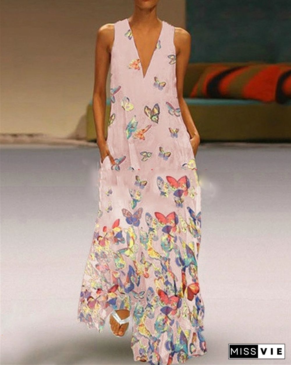 Vintage V Neck Summer Sleeveless Printed  Maxi Dresses