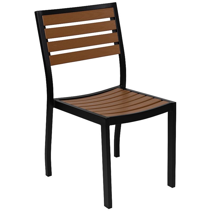 Merrick Lane Kersey Outdoor Stackable Side Chair Faux Poly Teak Wood and Metal Patio and Deck Chair for All-Weather Use