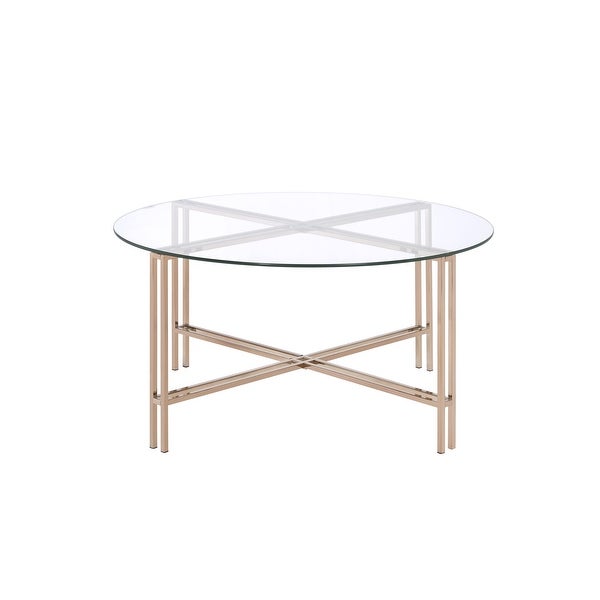 Veises Round Coffee Table， Clear Glass， Champagne Finish， Metal Stand