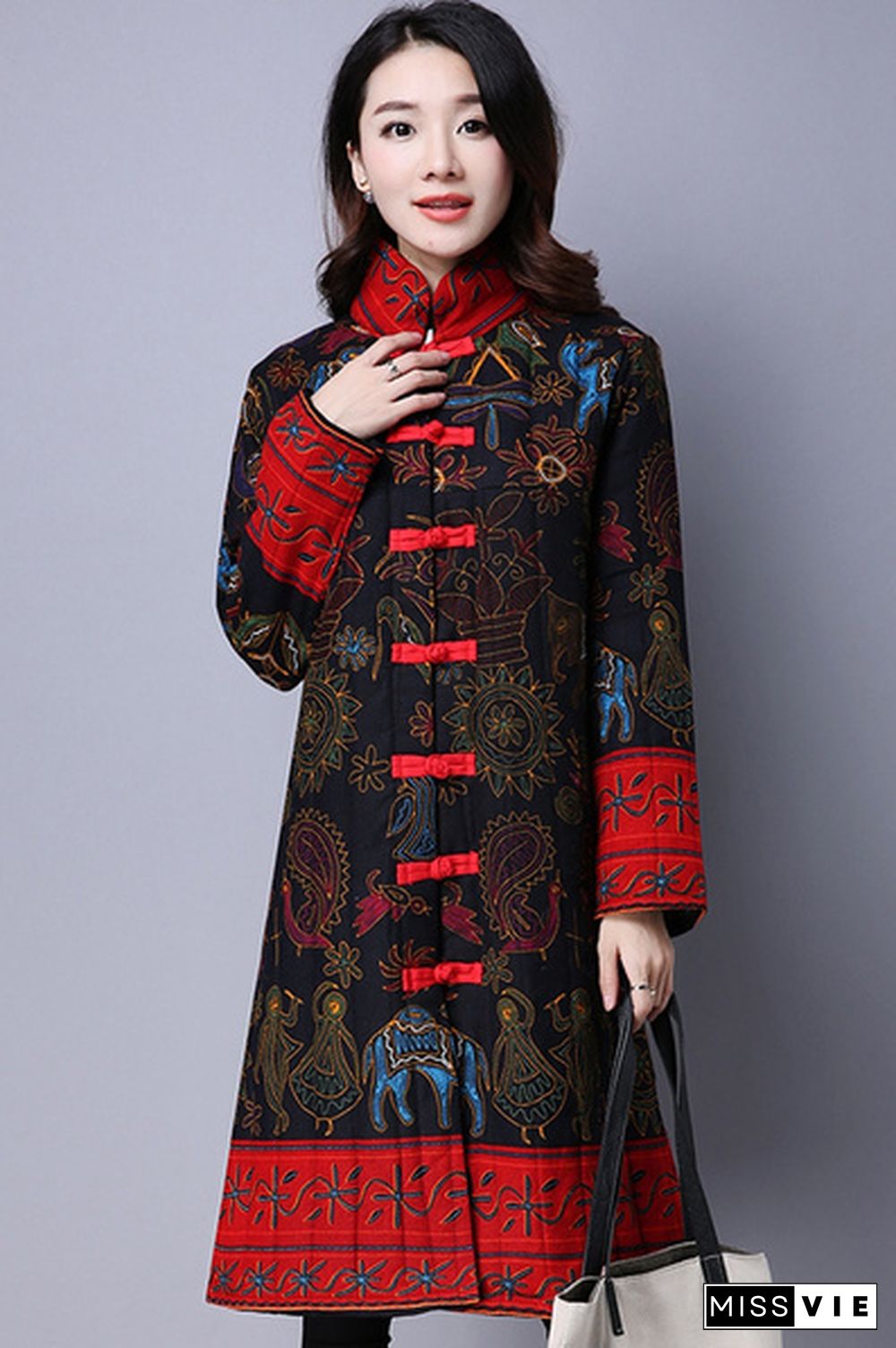 Women Coat Chinese Jacket Long Loose Qipao Lined Cheongsam Puffer Frog Ethnic present