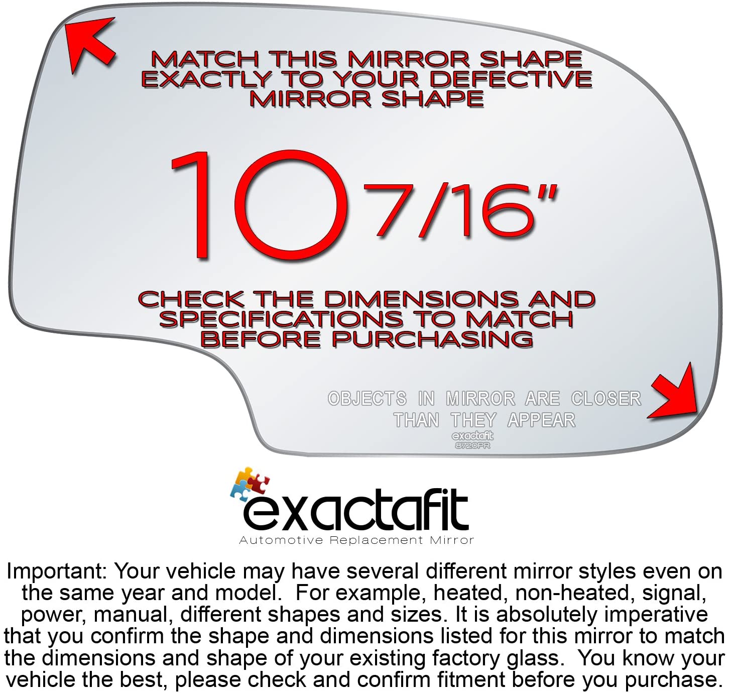 exactafit 8720PR Passenger Side Mirror Right Hand Glass Replacement Fits Cadillac Escalade， Chevy GMC Avalanche， Silverado， Sierra， Suburban， Tahoe， Yukon XL