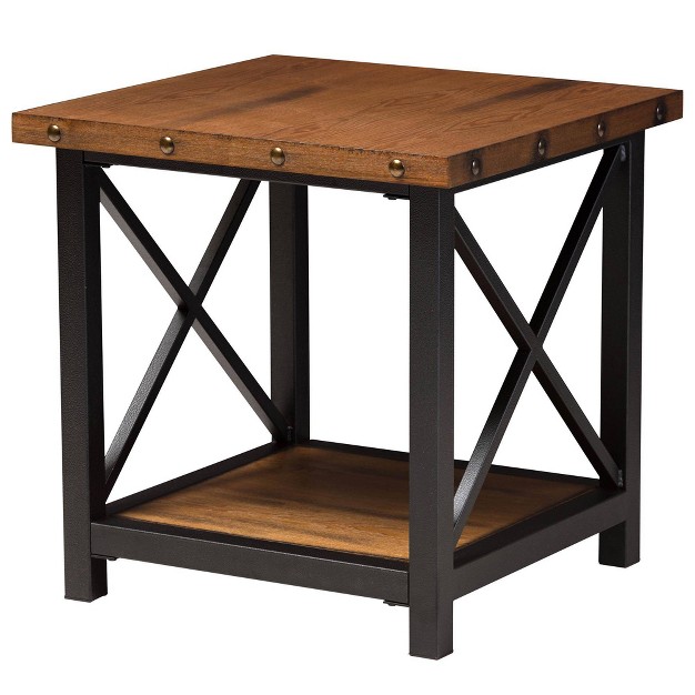 Herzen Rustic Industrial Style Antique Textured Finished Metal Distressed Wood Occasional End Table Black Baxton Studio