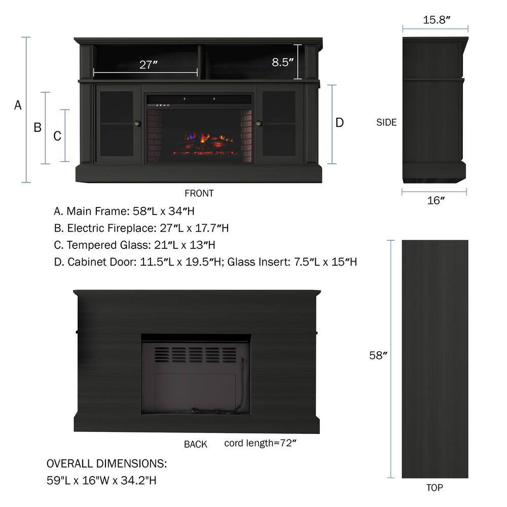 Northwest 59 in. Freestanding Console Electric Fireplace TV Stand in Woodgrain Black HW0200155