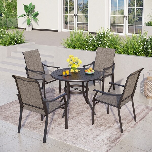 MAISON ARTS 5/7Piece Patio Dining Set，Round Metal Table and 4/6 Textilene Fabric Padded Armchairs