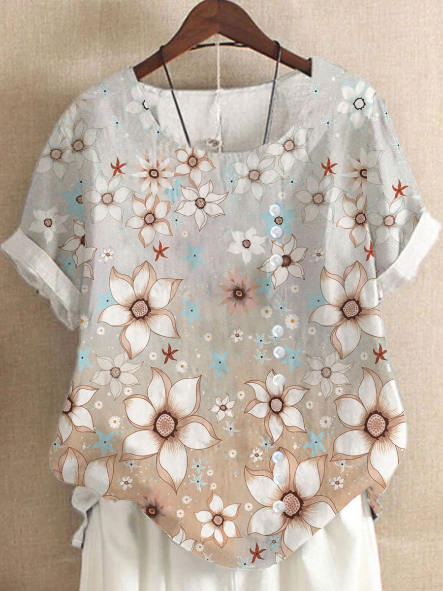 Round Neck Casual Loose Floral Print Short Sleeve Blouse