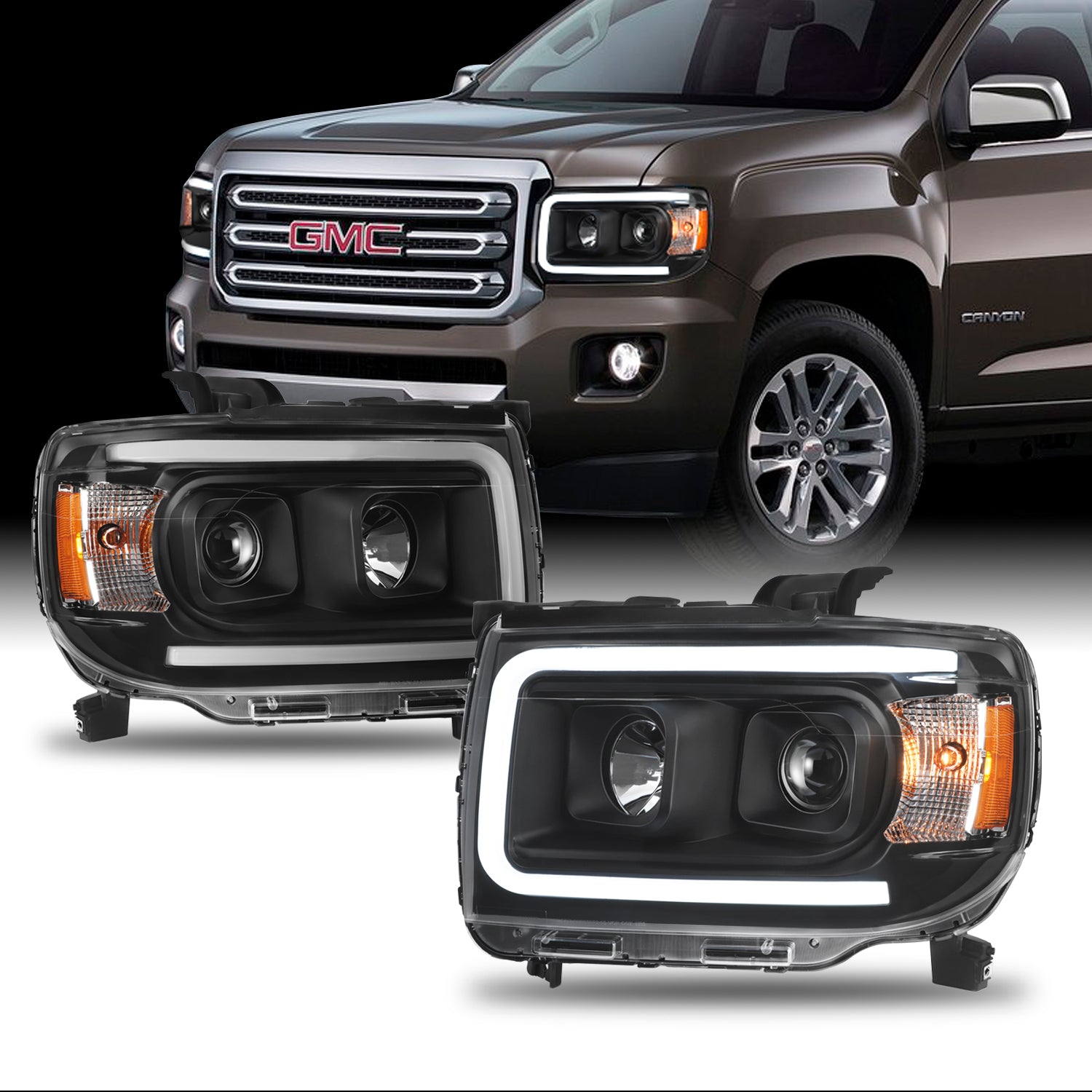 Fits 2015-2022 GMC Canyon RH + LH LED Bar DRL Black Housing Projector Headlights