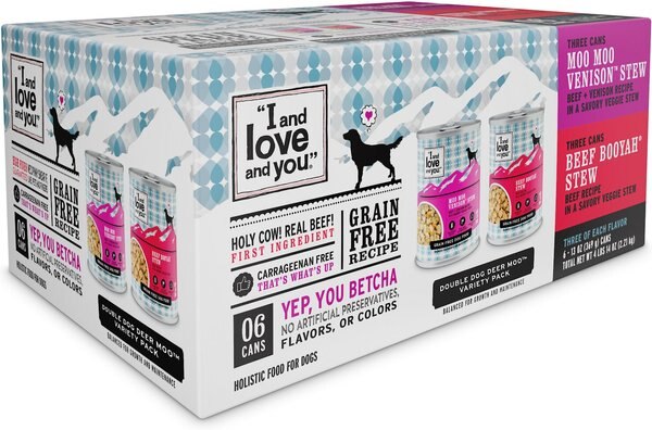 I and Love and You Beef Booyah and Moo Moo Venison Stew Grain-Free Combo Pack Canned Dog Food