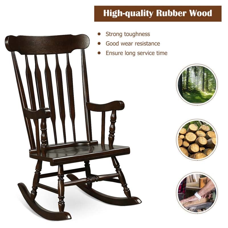 Solid Wood Glossy Finish Rocking Chair, Indoor & Outdoor Rocker for Porch Patio Backyard