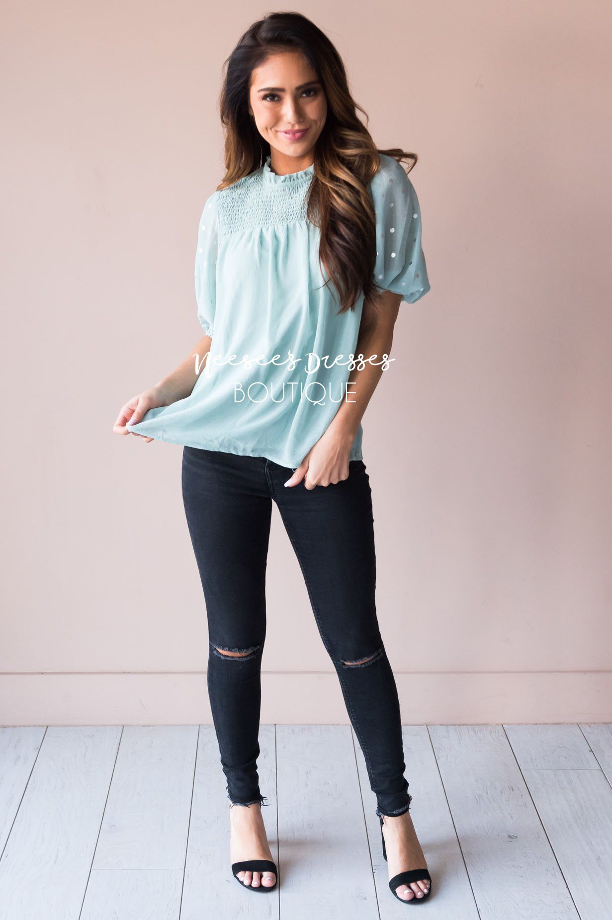 Mint Shimmer Smocked Modest Blouse