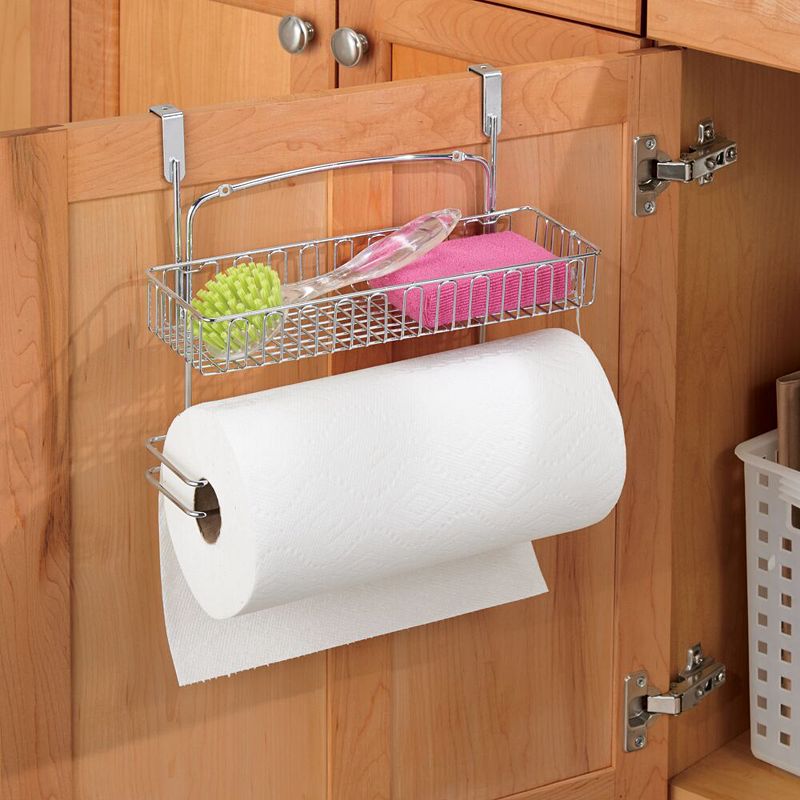 mDesign Over Cabinet Paper Towel Holder with Multi-Purpose Basket Shelf