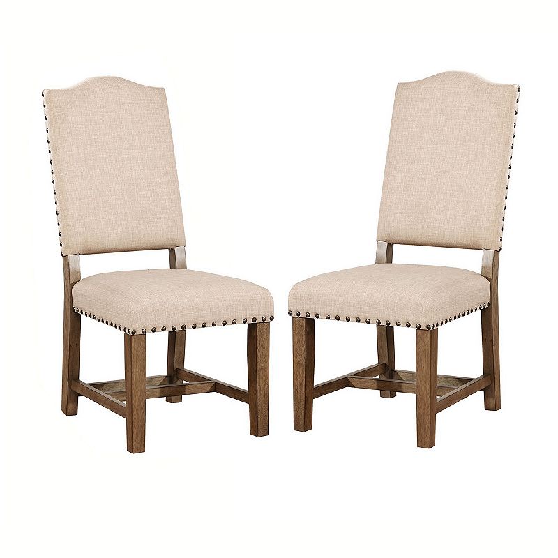 Fabric Upholstered Solid Wood Side Chair， Pack of Two， Beige and Brown