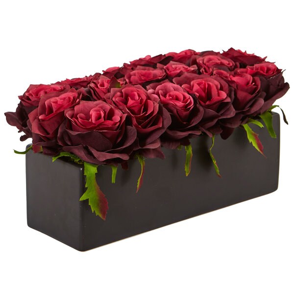 Nearly Natural Roses in Rectangular Planter