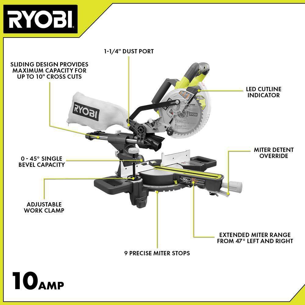 RYOBI 10 Amp Corded 7-14 in. Compound Sliding Miter Saw TSS702