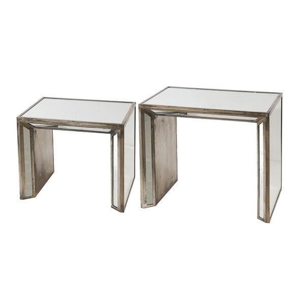 27， 21 Inch Nesting Side Table Set of 2， Mirrored Wood Frame， Silver