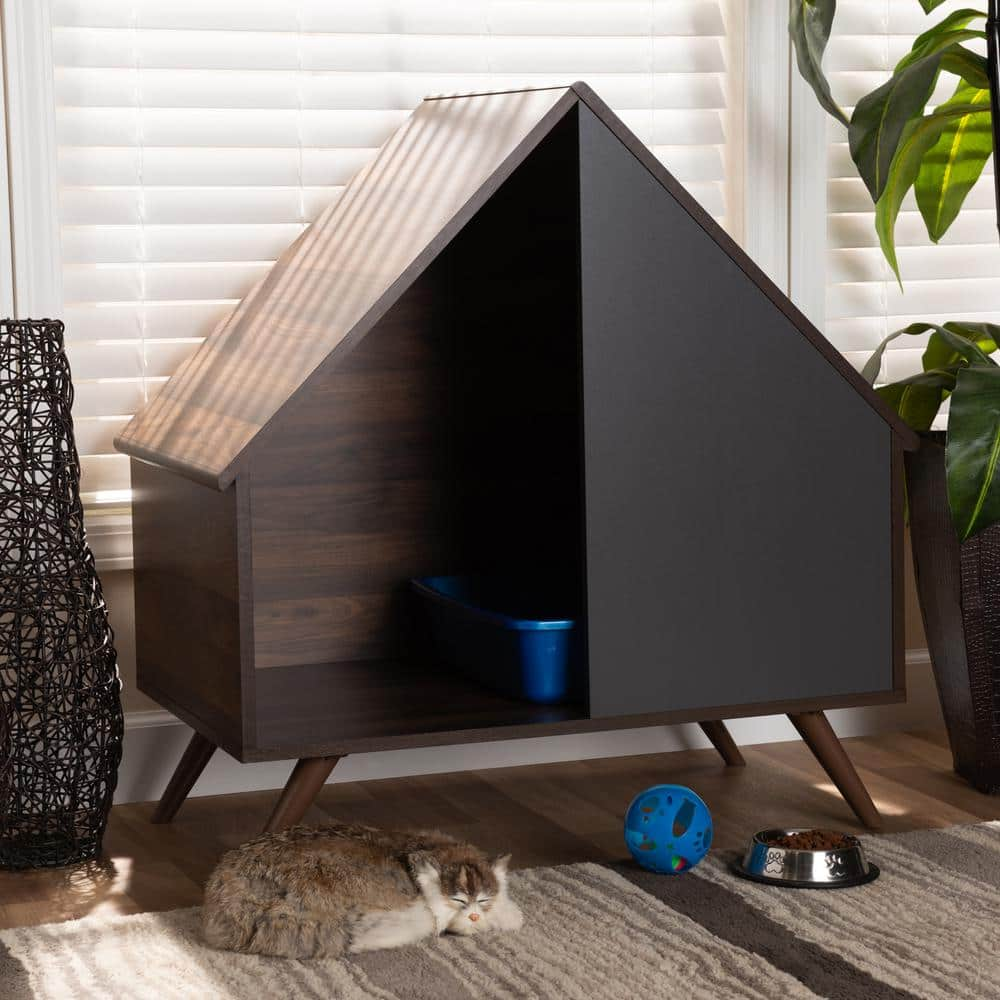 Baxton Studio Mia Walnut and Grey Wood Cat Litter Box Cover House 169-10745-HD