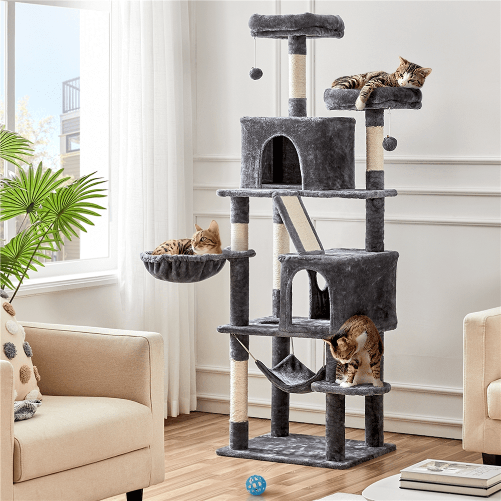 SMILE MART 71″ H Multi-Level Large Cat Tree with 2 Cozy Perches 2 Condos，Dark Gray