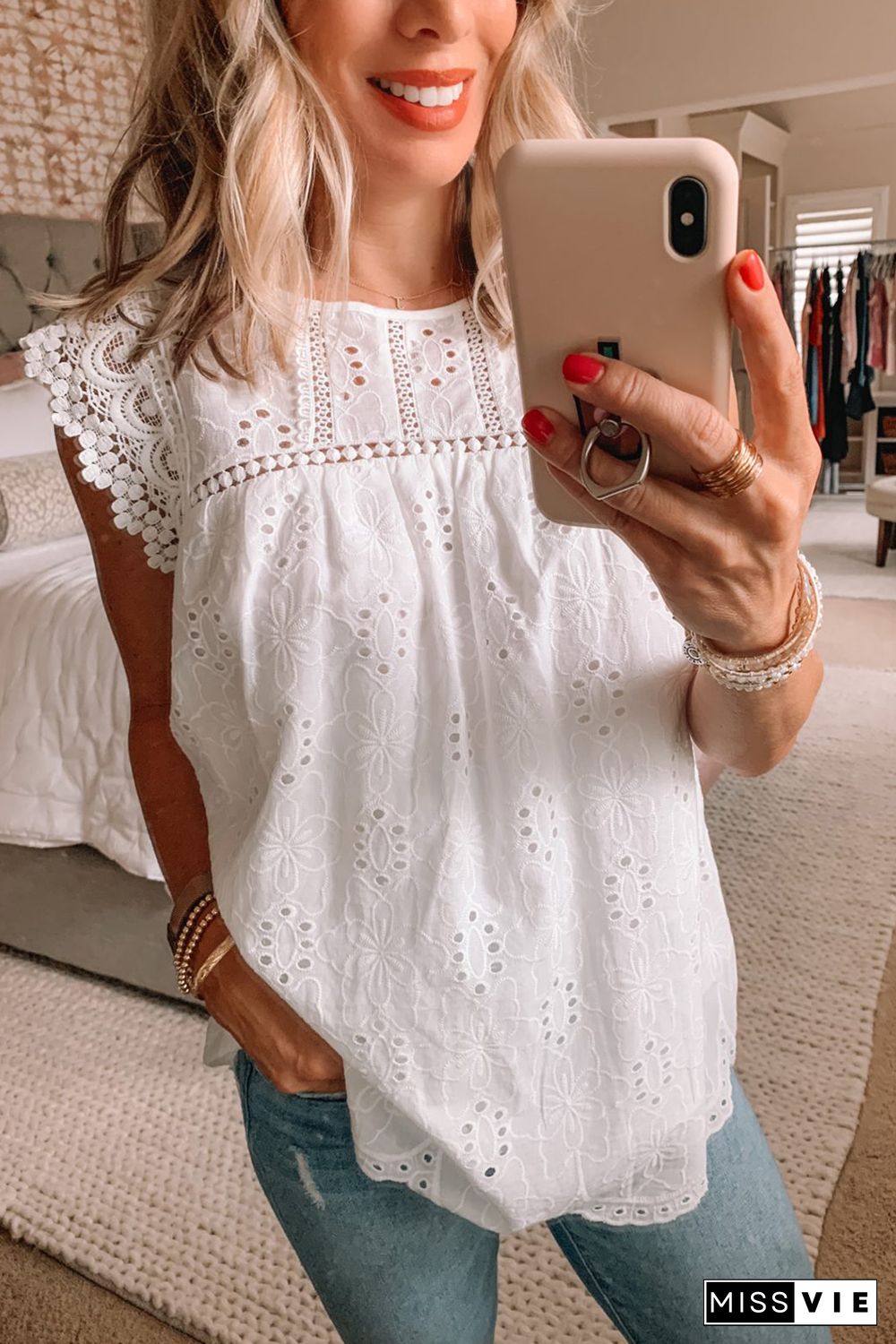 White Sleeveless Eyelet Tank Top