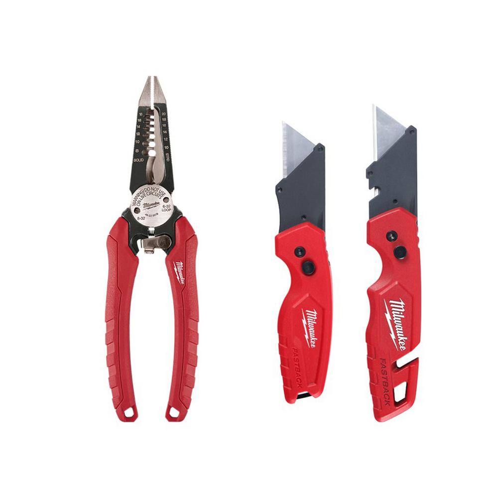 MW 7.75 in. Combination Electricians 6-in-1 Wire Strippers Pliers with 2 FASTBACK Utility Knifes 48-22-3079-48-22-1503