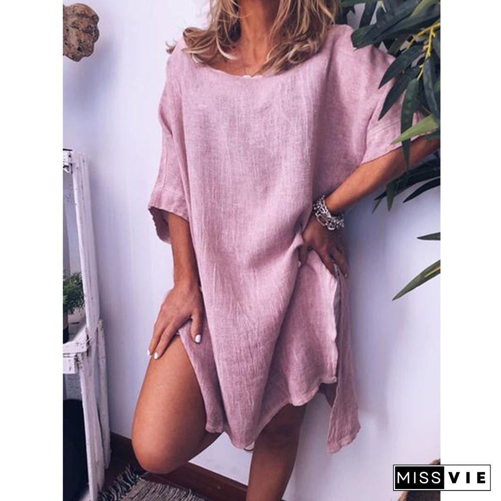 Women's Summer Casual Short Sleeve Plus Size Oversized T-shirt Dress Solid Color Loose Slit Hem Long Linen Blouses Side Slit Beach Wear Party Dress