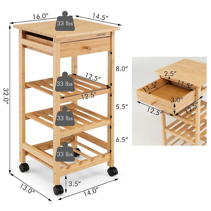 Wicker Rolling Kitchen Trolley Cart with Drawer and Wine Rack-Natural