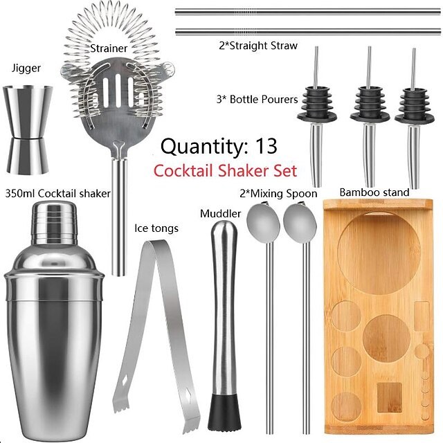 Insulated Cocktail Shaker Bartender Kit Cocktail Shaker Mixer Stainless Steel 350ml Bar Tool Set with Stylish Bamboo Stand Perfect Home Bartending Kit and Martini Cocktail Shaker Set