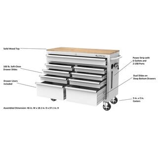 Husky 46 in. W x 18 in. D 9-Drawer Gloss White Mobile Workbench Cabinet with Solid Wood Top H46X18MWC9WHT