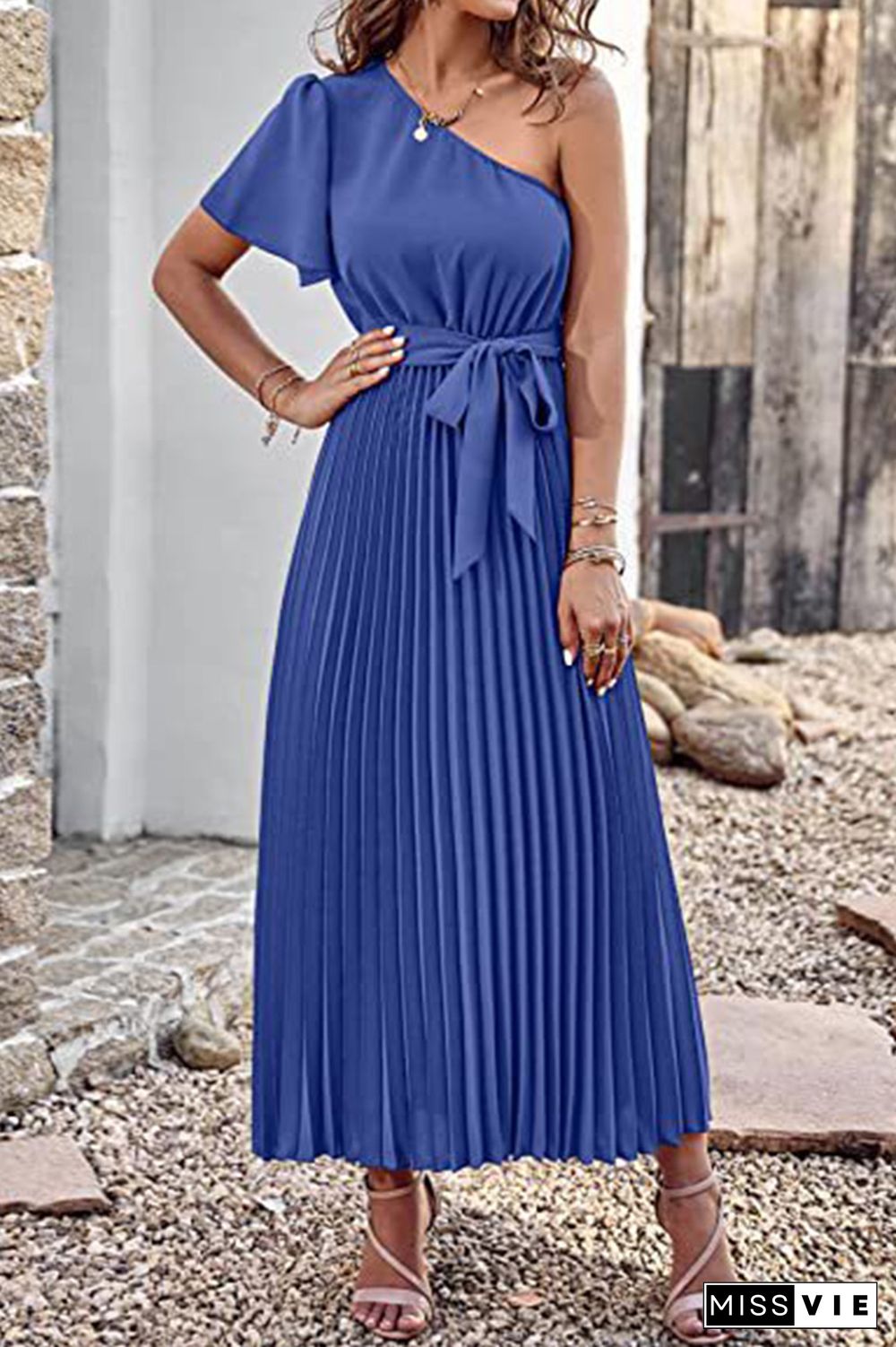 One SHoulder Short Sleeve Smock Maxi Dress