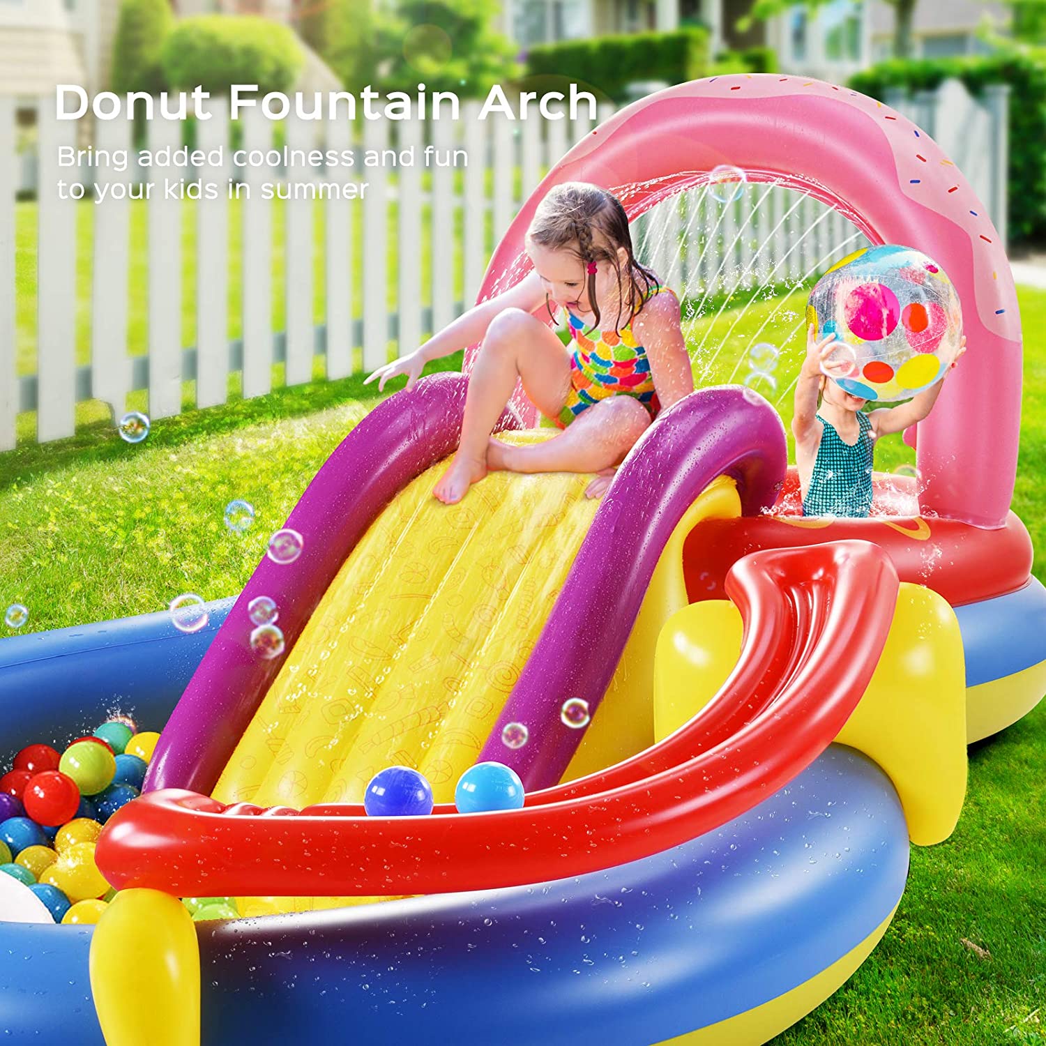 Inflatable Play Center, Hesung 115" X 70" X 44" Full-Sized Kiddie Pool with Slide, Fountain Arch, Ball Roller for Toddler, Kids, Thick Wear-Resistant Big Above Ground, Garden Backyard Water Park