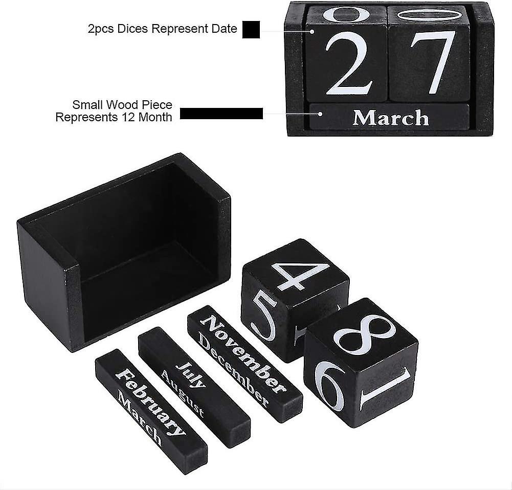 Botao Vintage Wooden Calendar Cubes Calendar Changeable Month Date For Home Office Decoration (1pc， Black)