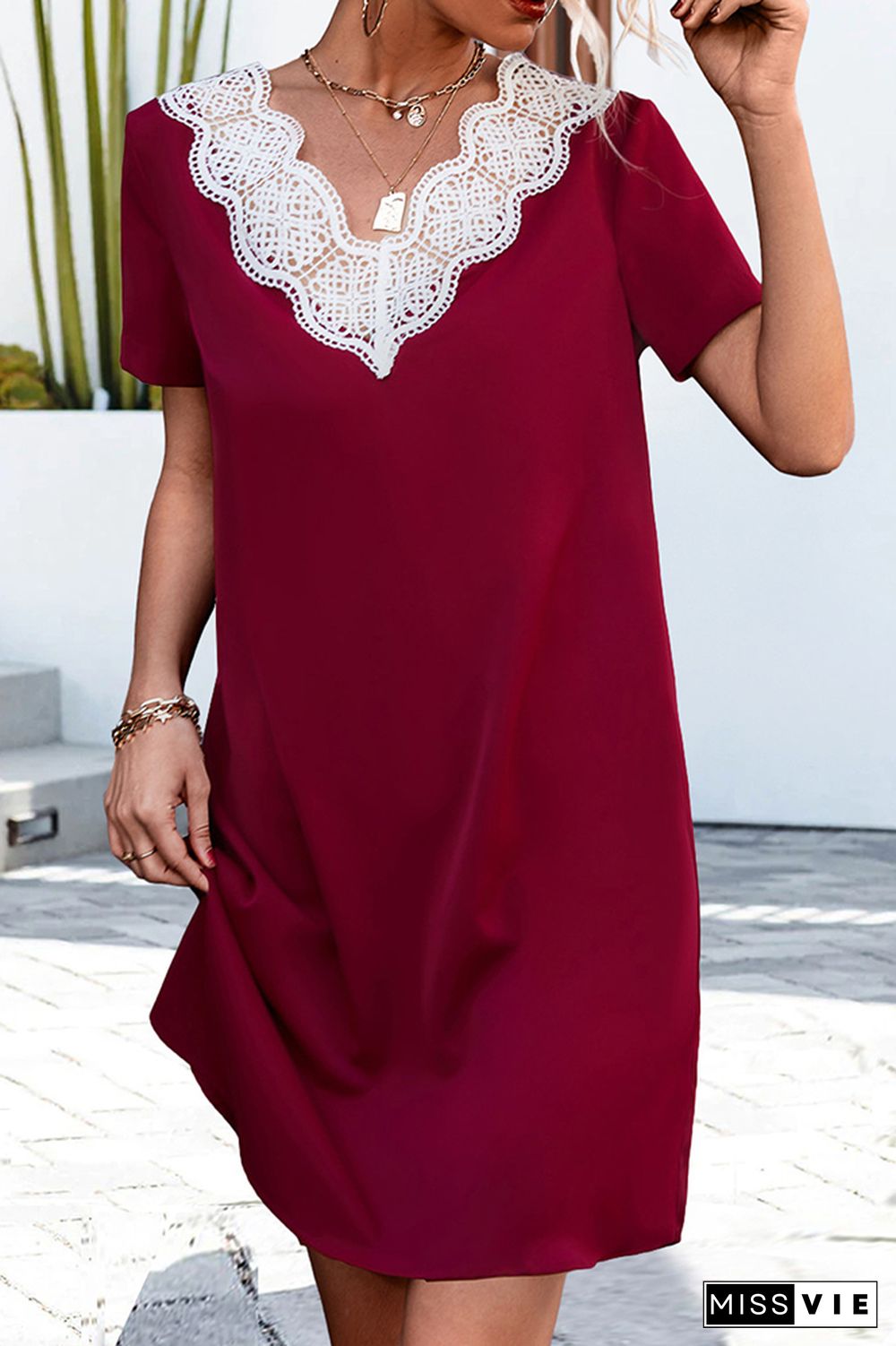 V Neck Lace Edge T-Shirt Dress