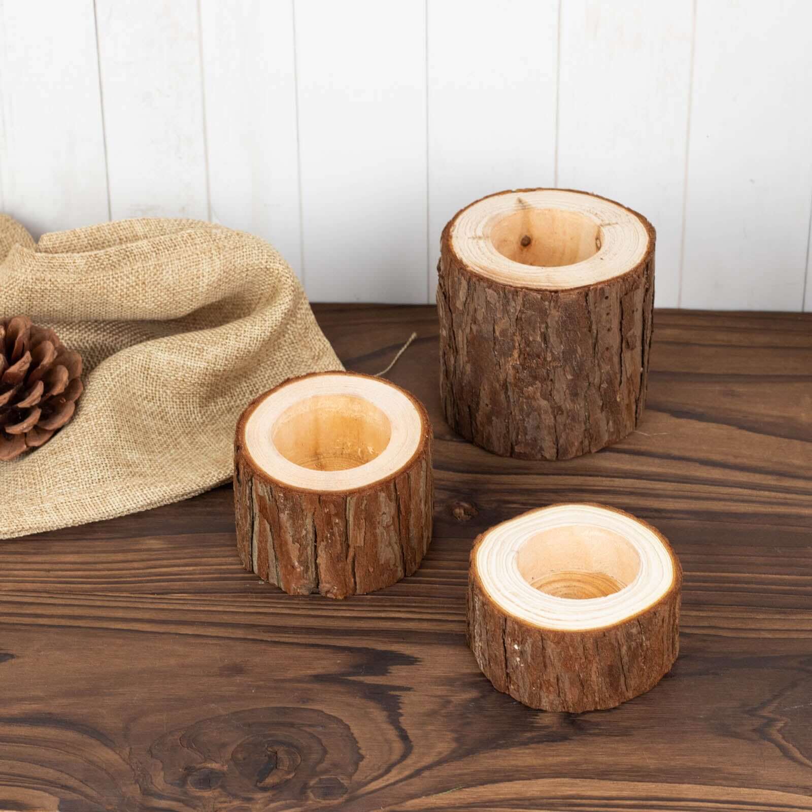 Set of 3 Assorted Farmhouse Wood Slice Votive Candle Holders, Rustic Tree Branch Wedding Table Décor 2.75