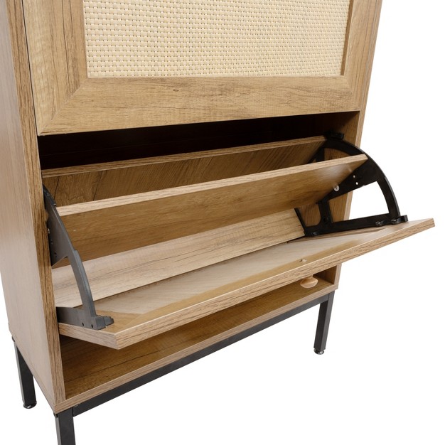 Freestanding Rattan Shoe Cabinet With 3 Flip Drawers And Metal Legs For Entrance Hallway And Bedroom Natural Modernluxe