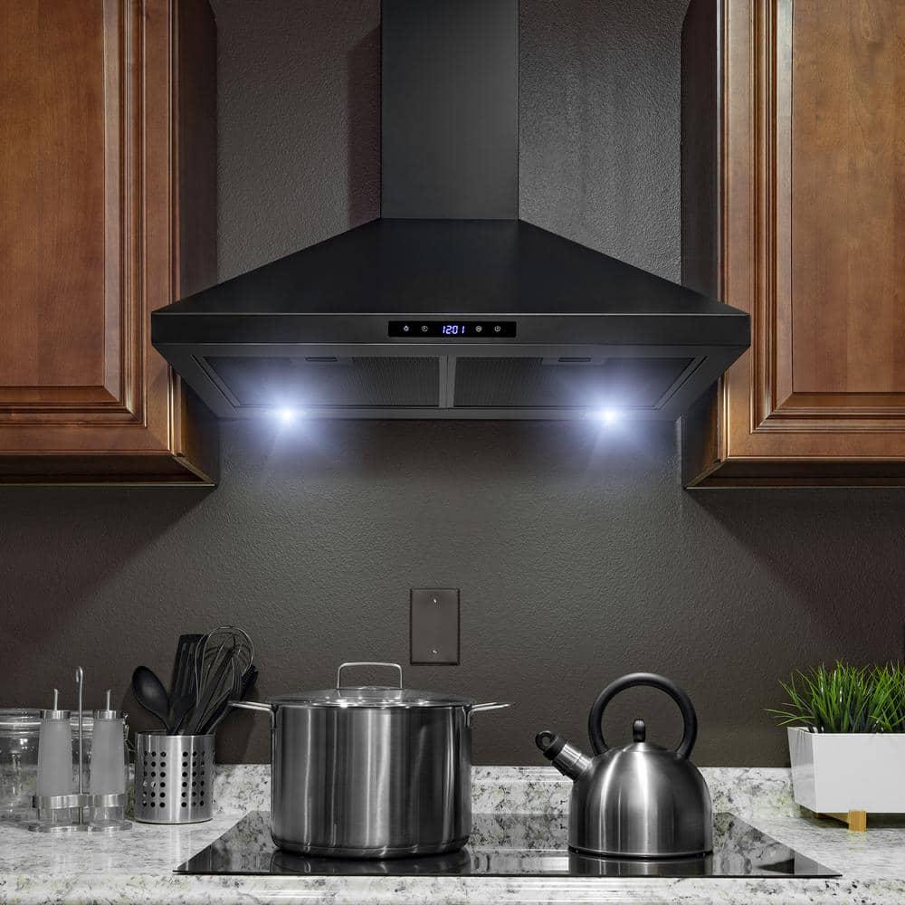 AKDY 30 in 217 CFM Convertible Kitchen Wall Mount Range Hood in Black Painted Stainless Steel with Lights