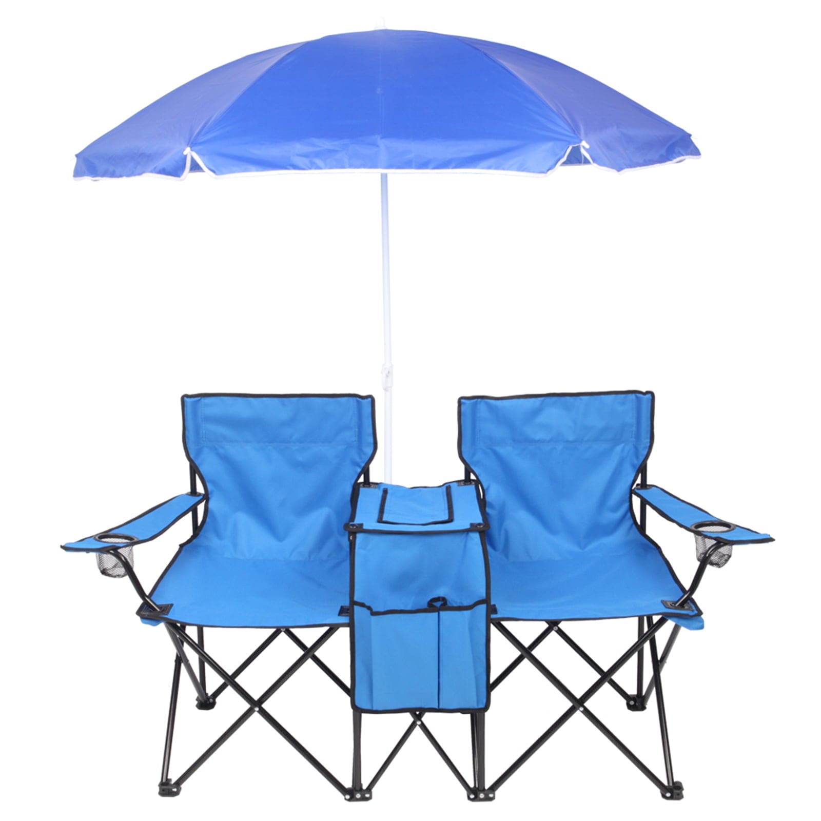 Arttoreal Double Beach Chair with Removable Umbrella Canopy，Portable Folding Beach Chair for Oudoor，Camping and Picnic，Blue