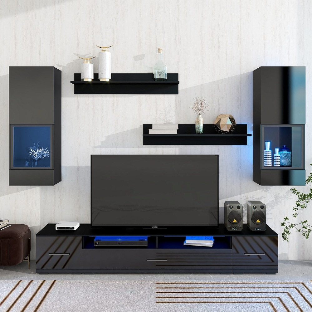 Floating TV Stand with 3 Storage Cabinets   2 Shelves  Modern High Gloss TV Cabinet with 16 Color RGB LED Lights for Living Room