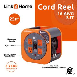 Link2Home 25 ft. 163 Extension Cord Storage Reel with 4 Grounded Outlets and Overload Reset Button EM-EL-250E