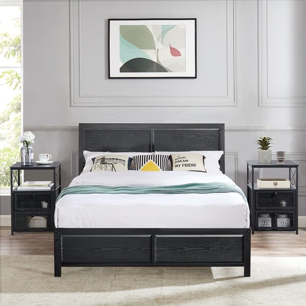 Industrial 3 Piece Bedroom Set Platform Bed Frame and Nightstands Set of 2， Black - - 37127705